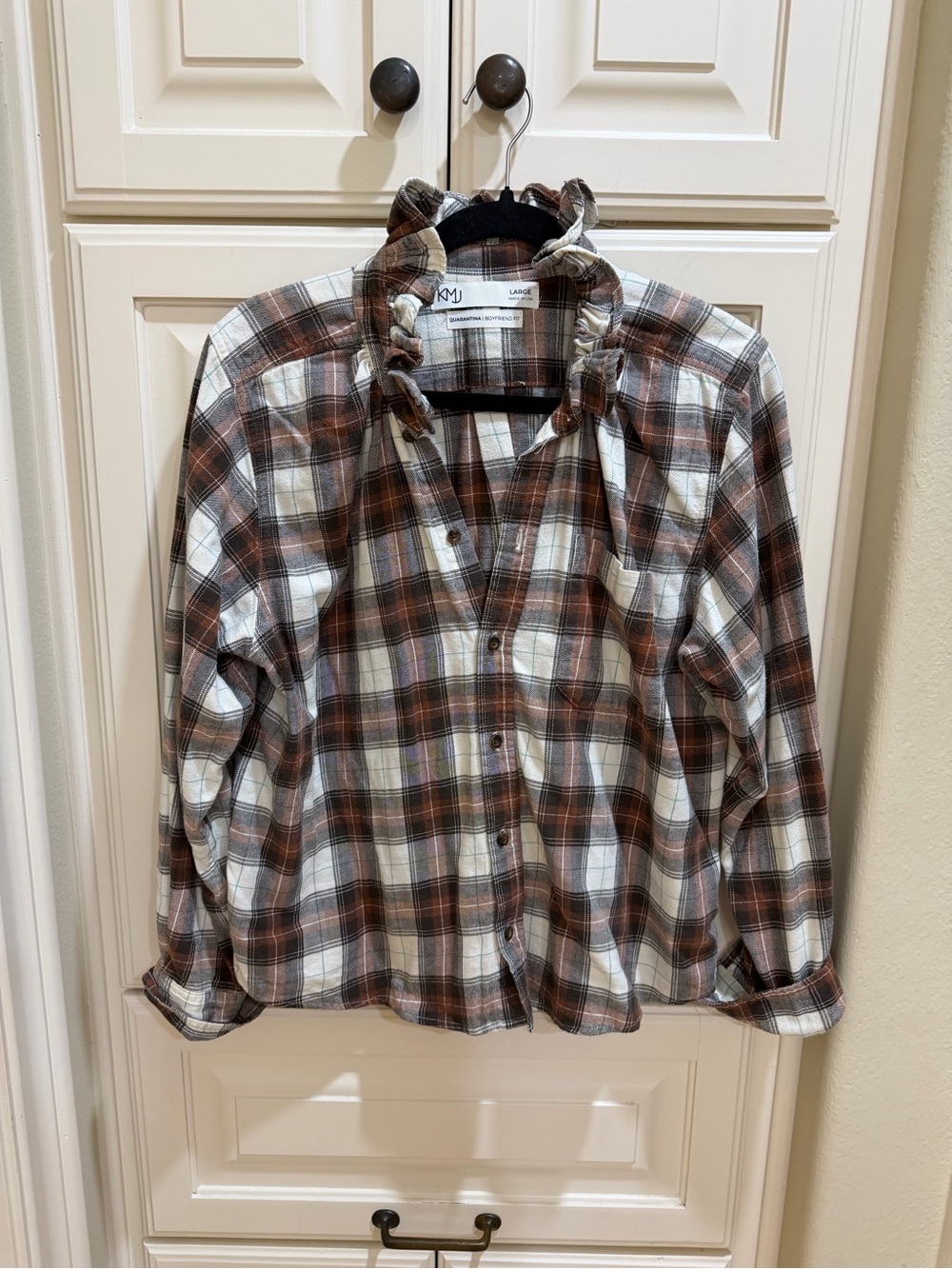 KMJ Quarantina Boyfriend Fit Flannel Plaid Shirt in Brown & Cream